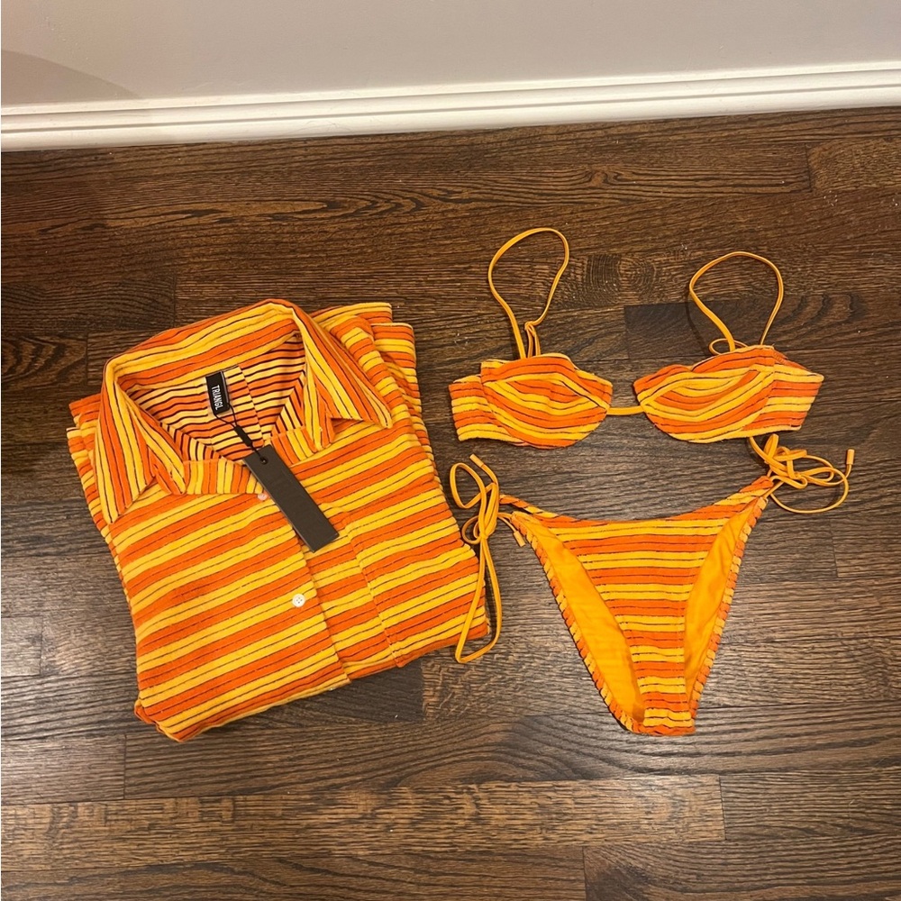 TRIANGL Striped Orange and Yellow Bikini Set with Cover Up Shirt